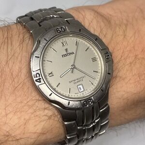 Festina Watch Men 34mm Titanium Silver Tone Date 50M - New Battery!